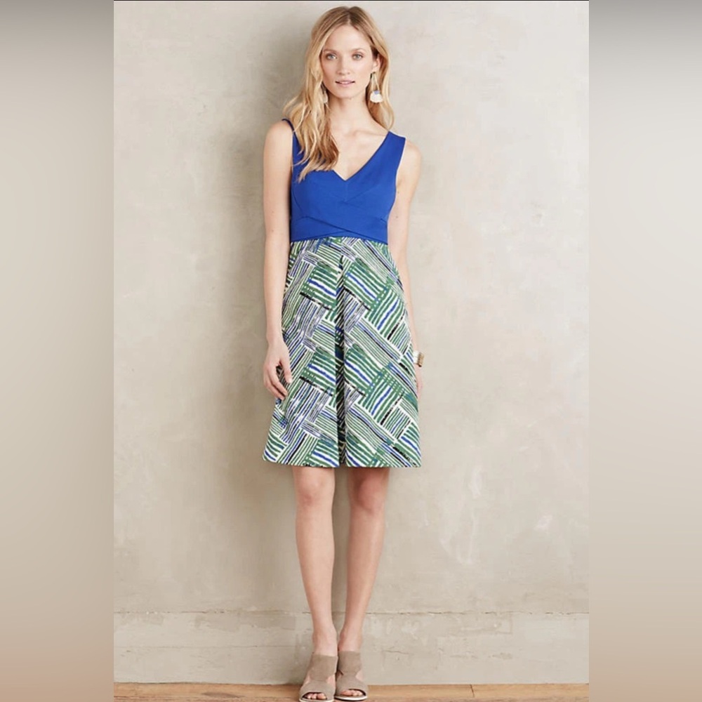 Anthropologie Dress by HD in Paris Blue Green Motif Sleeveless V-Neck Lined